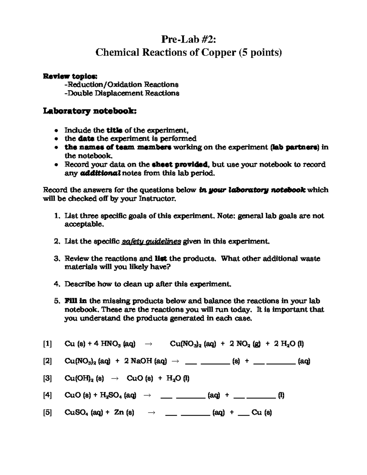 Ch Lab Copper Reactions Procedure Pre Lab Chemical Reactions Of Copper Points