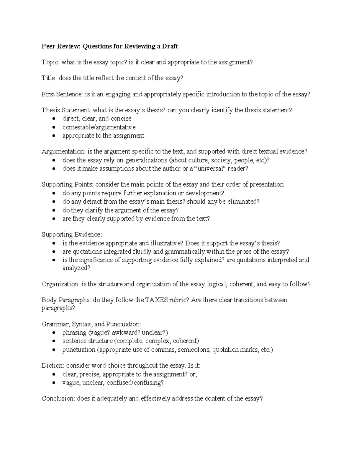 Peer Review - Questions for Reviewing a Draft - Peer Review: Questions ...