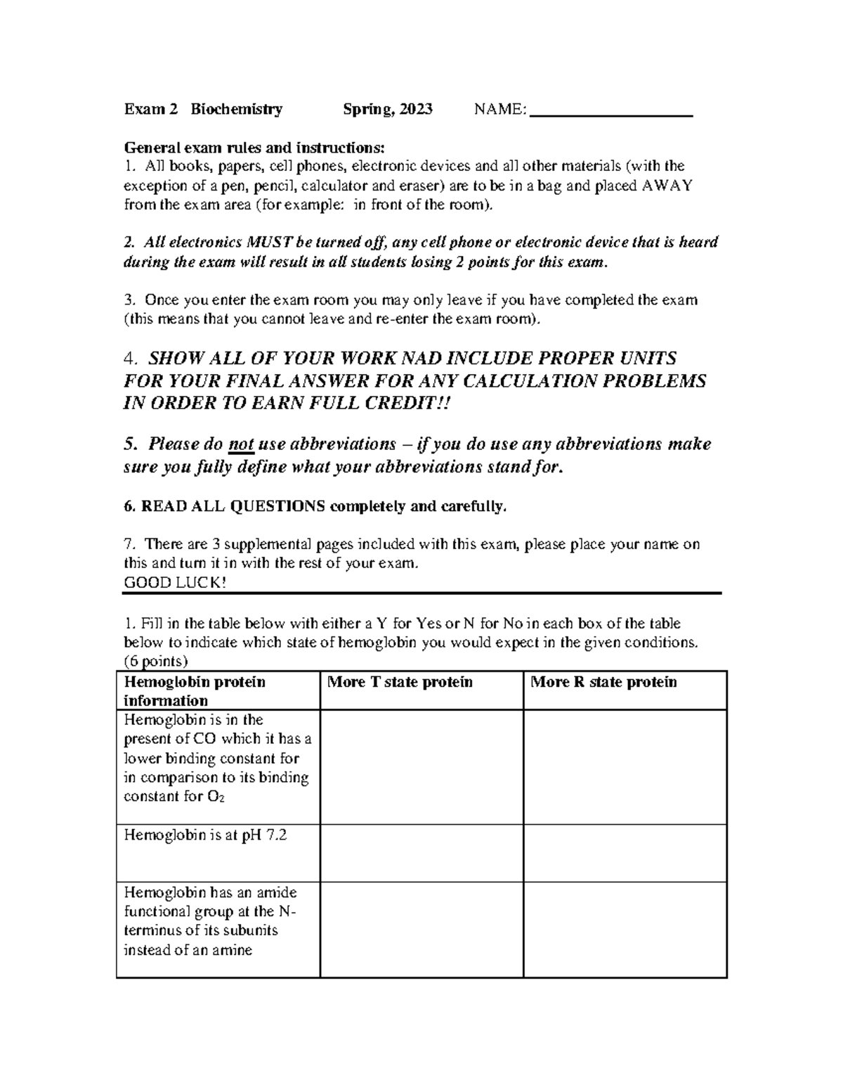 2023 exam 2 - practice test biochem - Exam 2 Biochemistry Spring, 20 23 ...