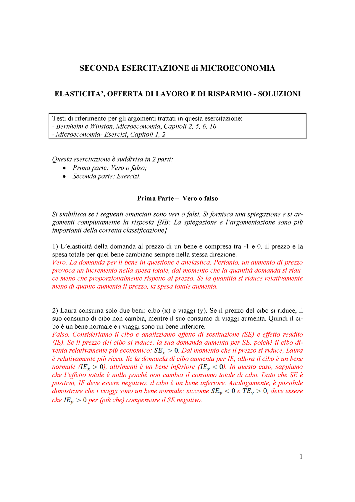 Simulazione Microeconomia Su Esercizi Primo Parziale - SECONDA ...