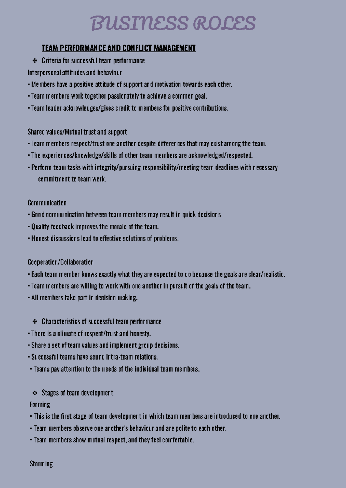 Business Roles - BUSINESS ROLES TEAM PERFORMANCE AND CONFLICT ...