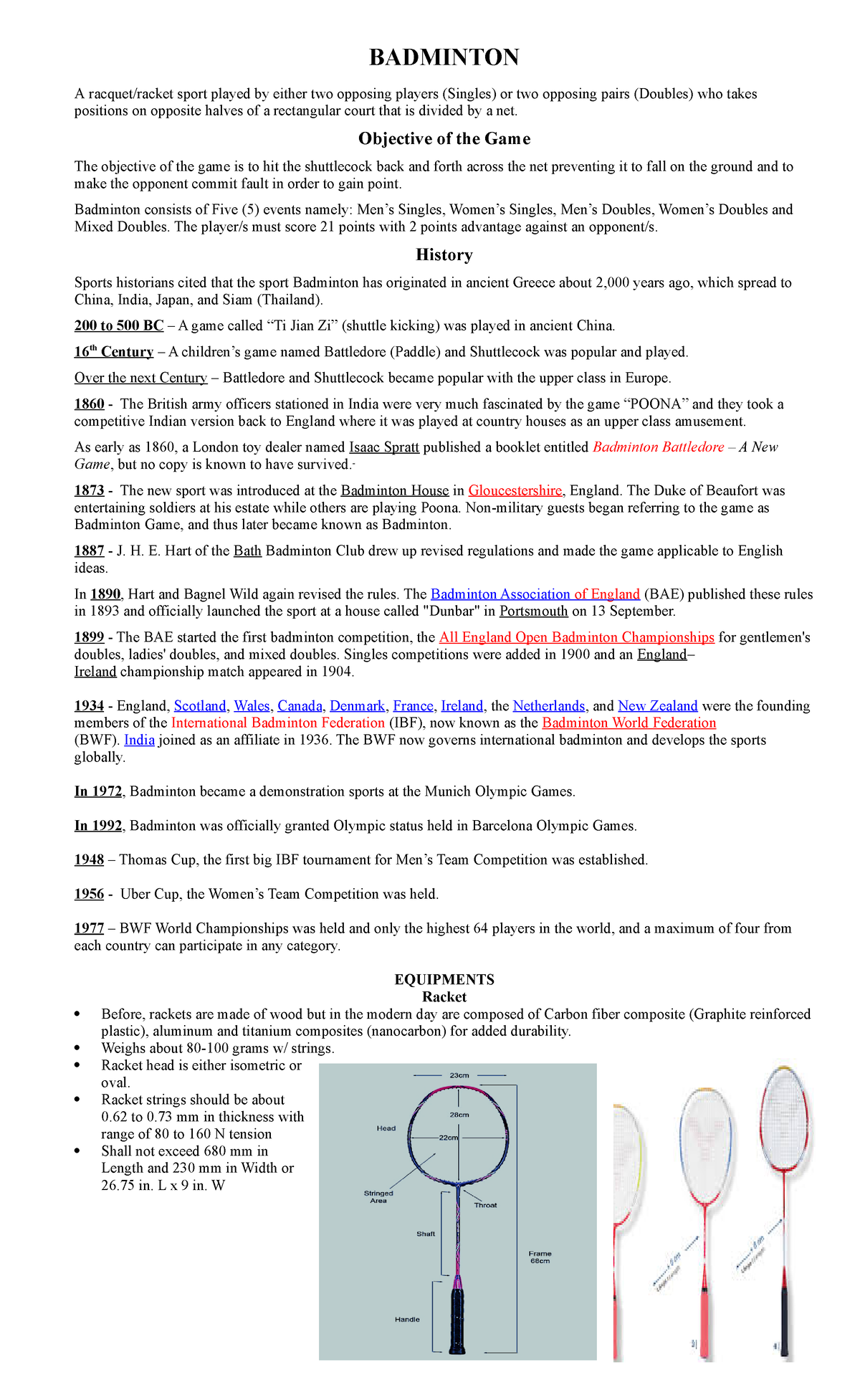 Badminton- Reviewer - NOTES - BADMINTON A racquet/racket sport played ...