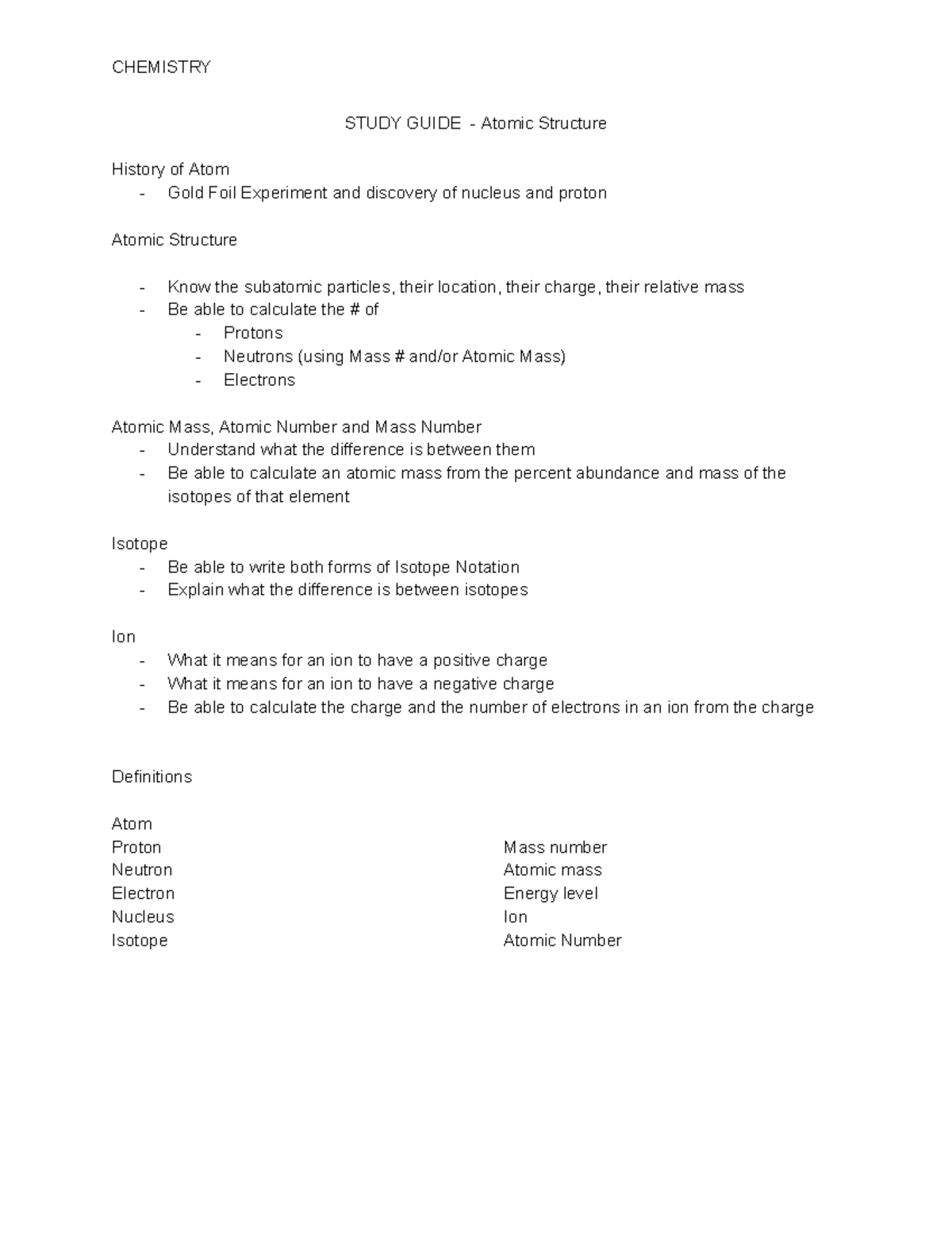 Copy of Study Guide - Atomic Structure - STUDY GUIDE - Atomic Structure ...