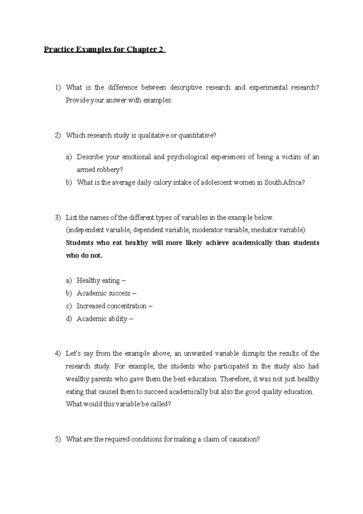 Practice Examples for Chapter 2 - Which research study is qualitative ...