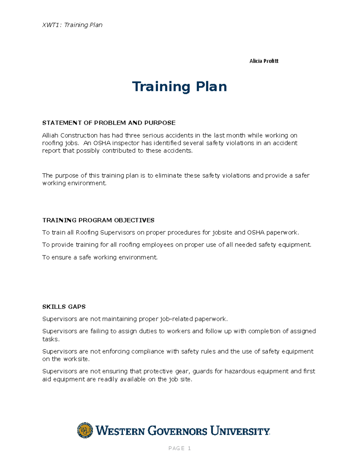 Training Plan - pass - XWT1: Training Plan Alicia Profit Training Plan ...