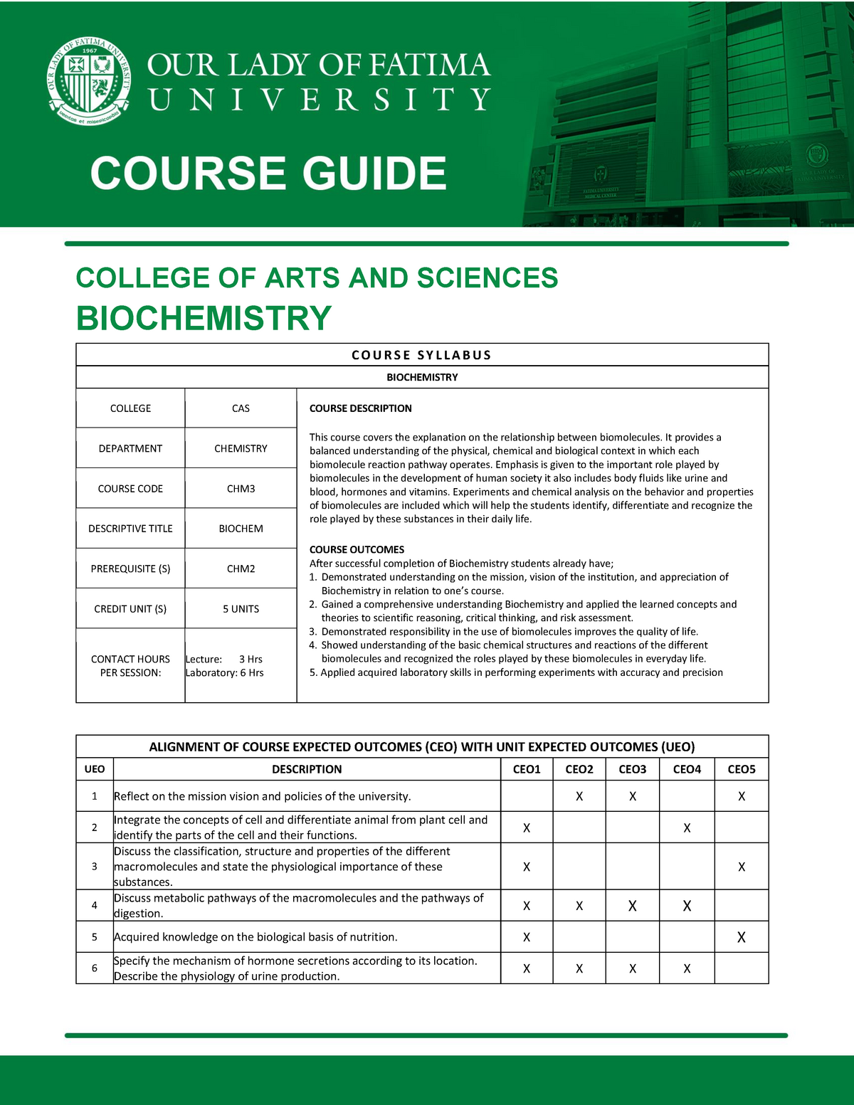 00Course Syllabus Biochemistry COLLEGE OF ARTS AND SCIENCES