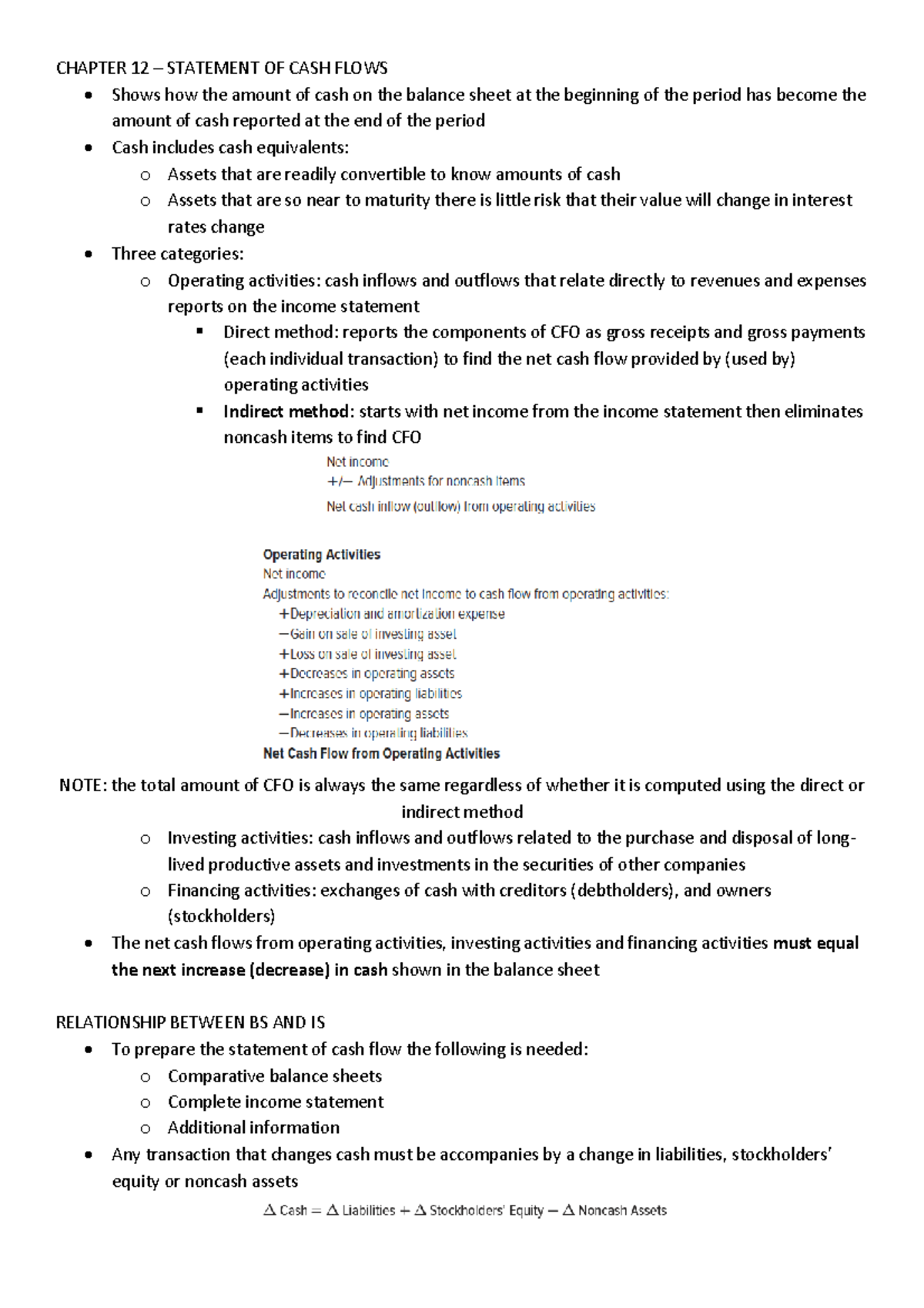 Chapter 12 Notes CF - CHAPTER 12 – STATEMENT OF CASH FLOWS • Shows how ...