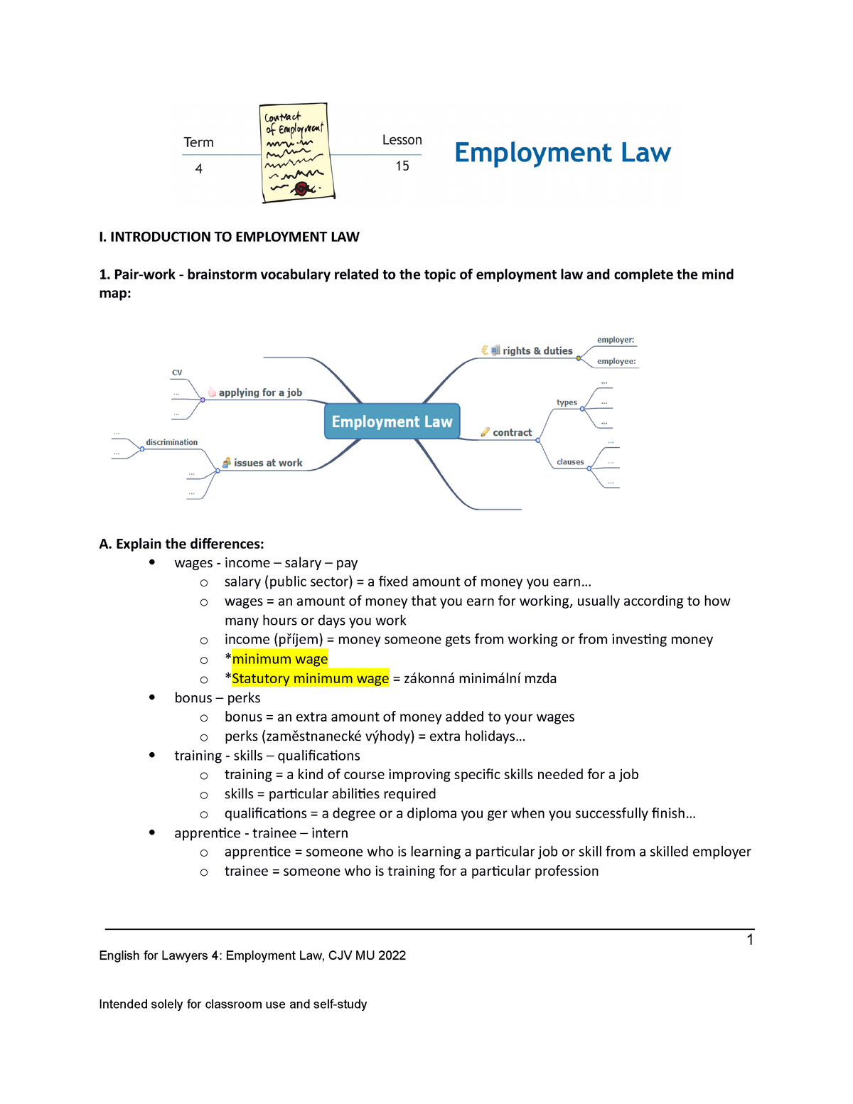 Lesson 15 Employment Law - I. INTRODUCTION TO EMPLOYMENT LAW Pair-work ...