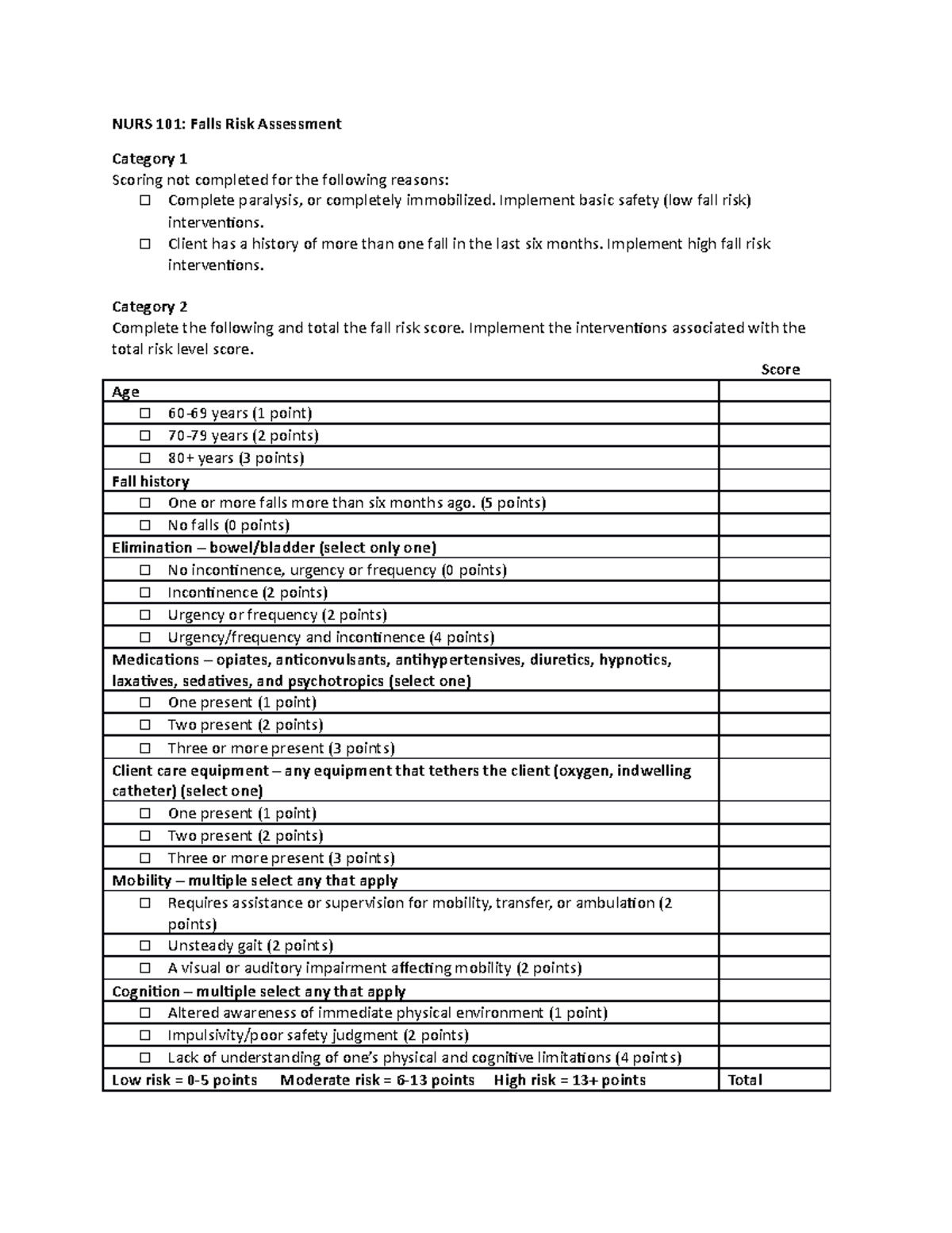 Fall Risk Assessment Tool 1 1 1 1 NURS 101 Falls Risk Assessment 