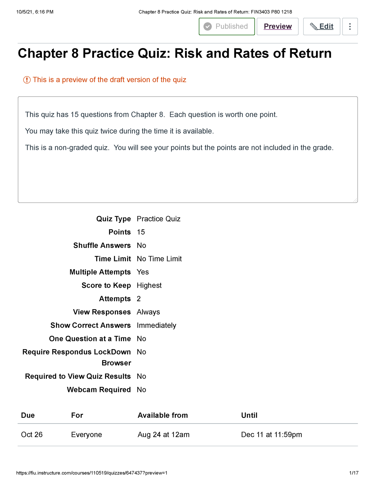 Chapter 8 Practice Quiz Risk And Rates Of Return FIN3403 P80 1218 ...