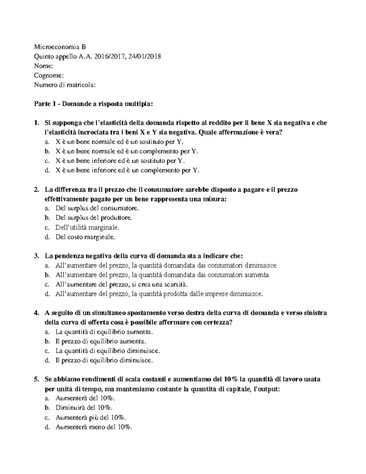 Appello Febbraio 2018 Microeconomia B Quinto appello A. 2016/2017, 24