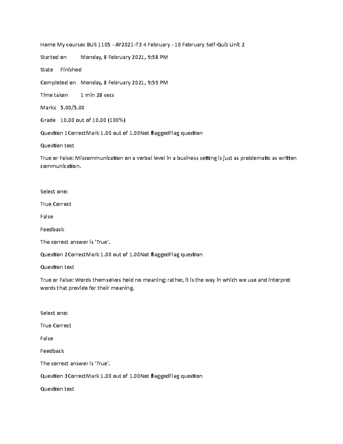 Self quiz Bus 1105 unit 2 - Home My courses BUS 1105 - AY2021-T3 4 ...