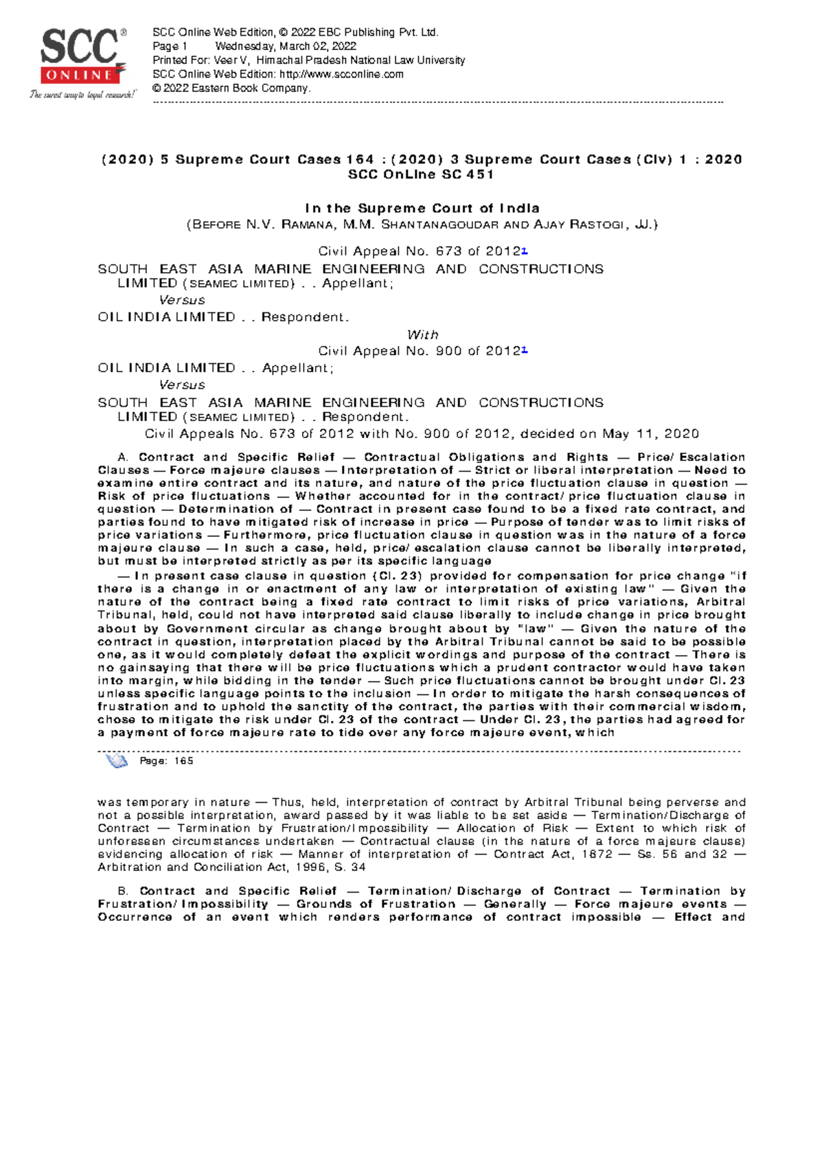 J 2020 5 SCC 164 2020 3 SCC Civ 1 2020 SCC On Line veervikrams 78 ...