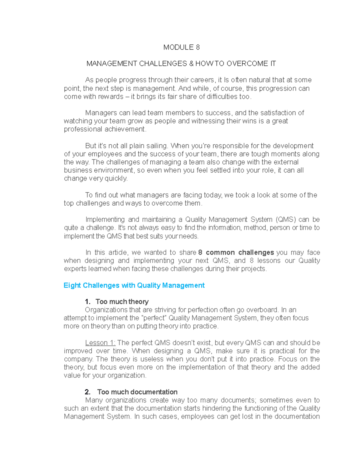 Module 8 - Management Challenges and HOW TO Overcome IT - MODULE 8 ...