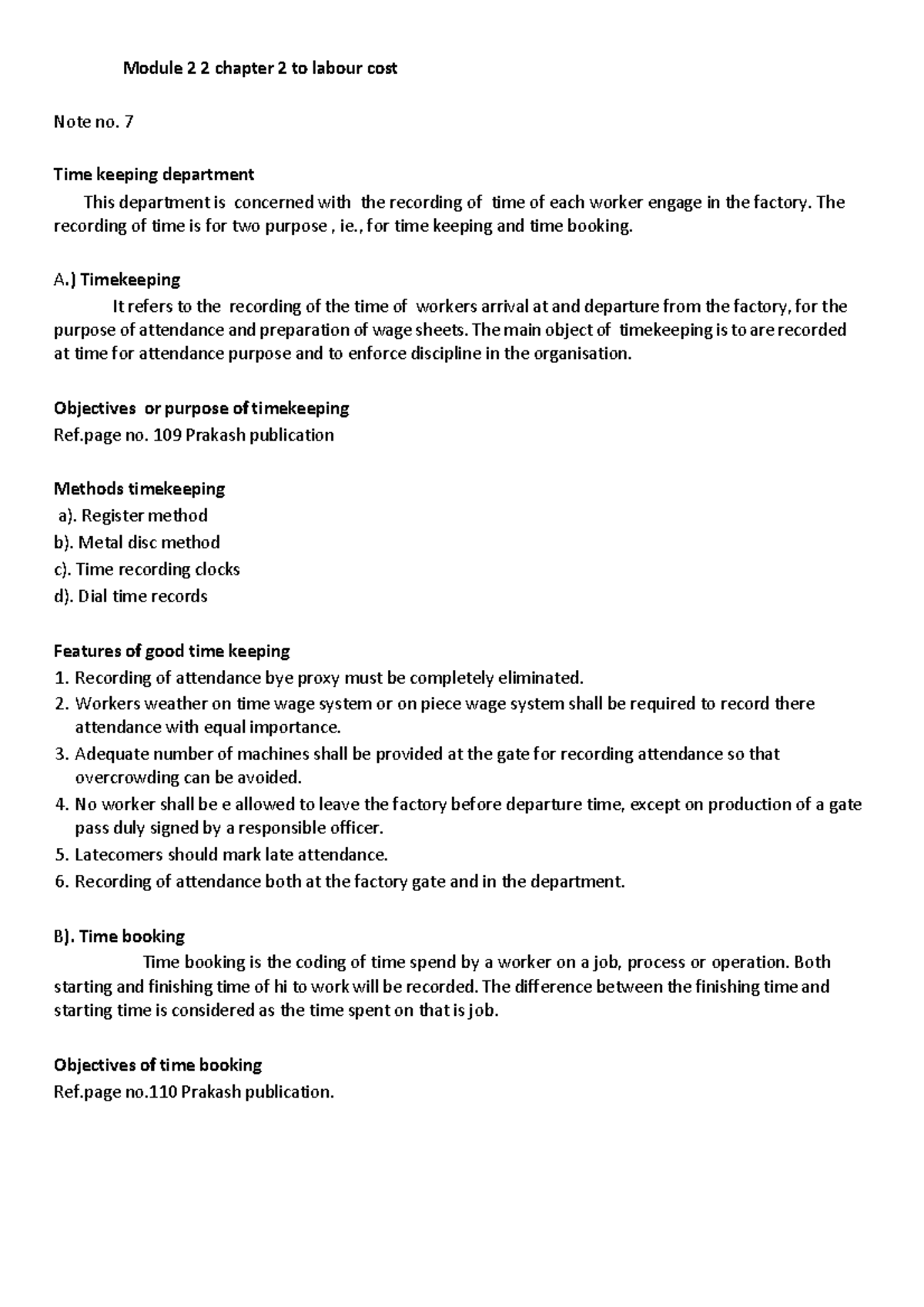 Notes cost accounting Module 2 2 chapter 2 to labour cost Note no. 7