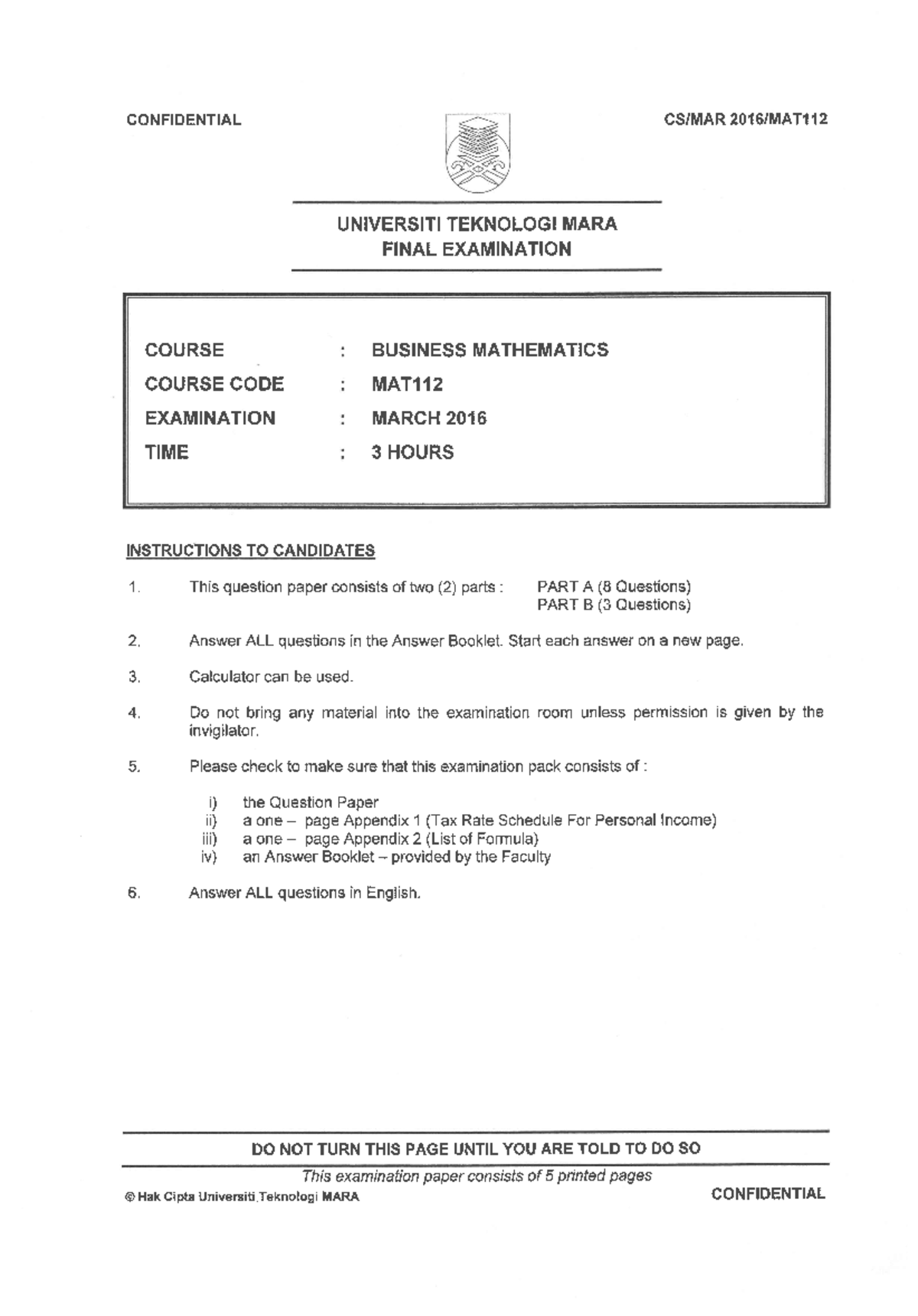MAT112 Past Year Question - Business Mathematics - Studocu