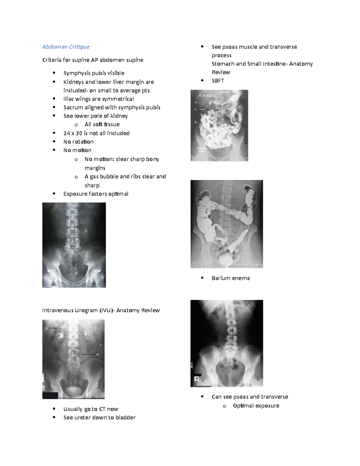 Abdomen critique notes - Abdomen Critique Criteria for supine AP ...