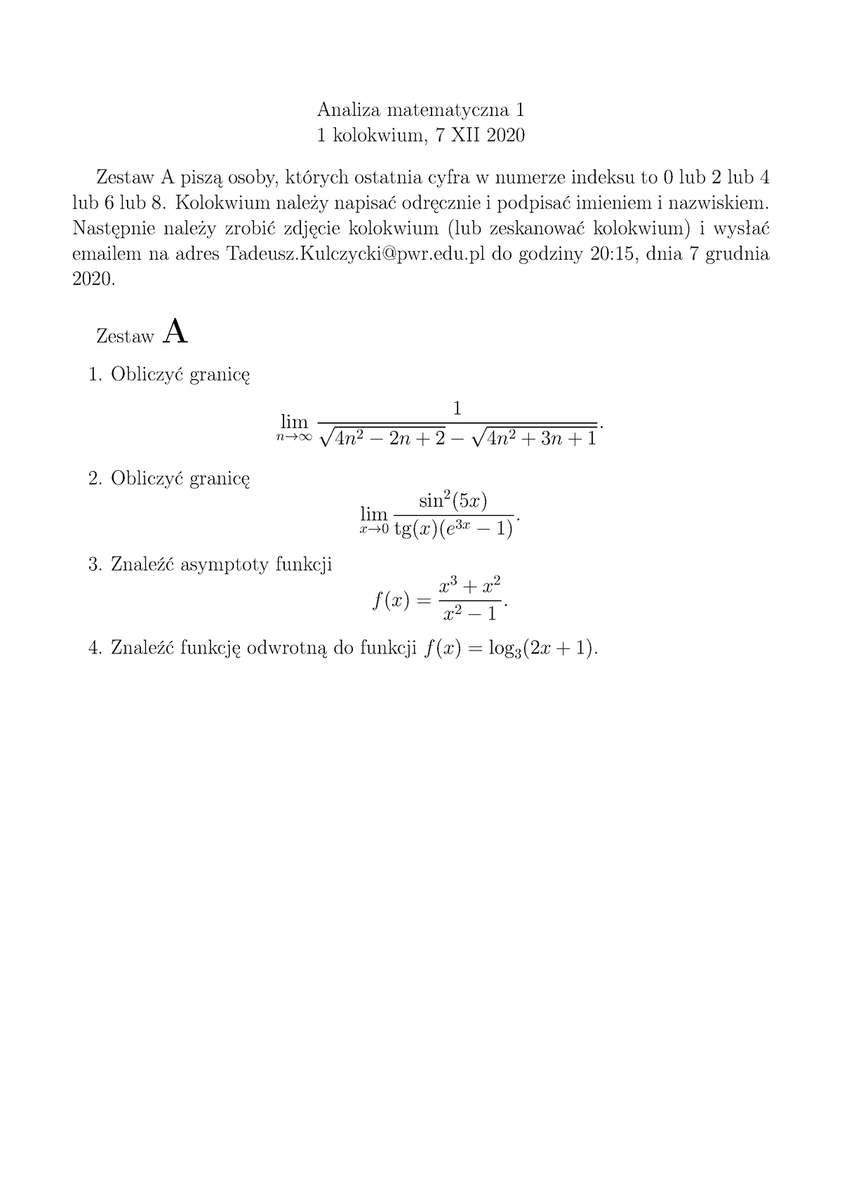 2020kolo1 Analiza 1a - Kolokwium - Analiza Matematyczna 1 1 Kolokwium ...