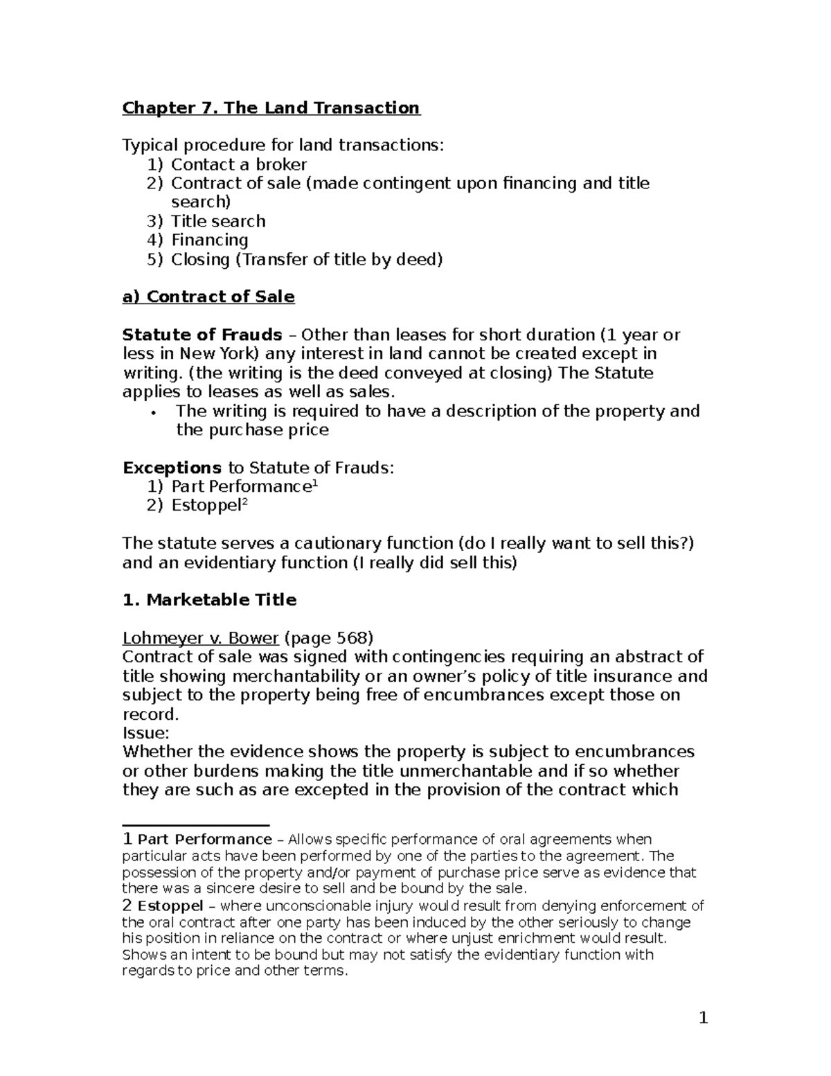 Property Law Outline 1 Chapter 7. The Land Transaction Typical