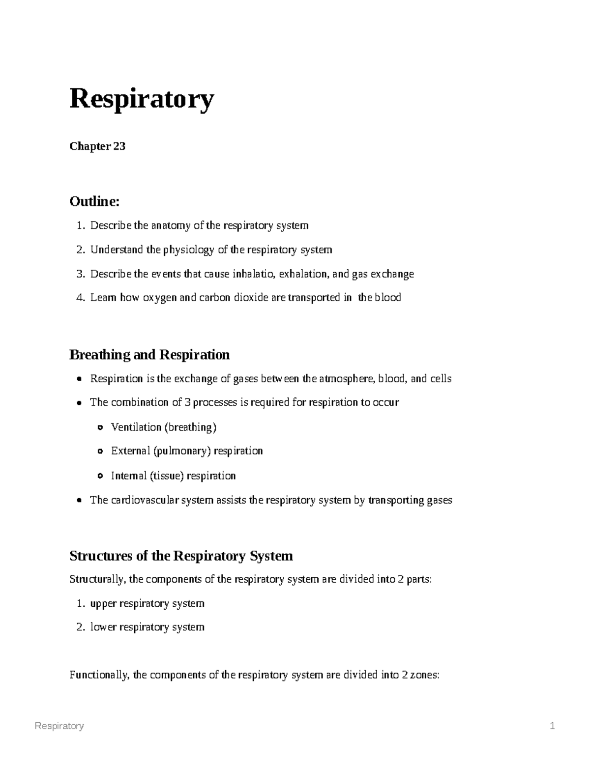 Respiratory System - Respiratory Chapter 23 Outline: Describe the ...