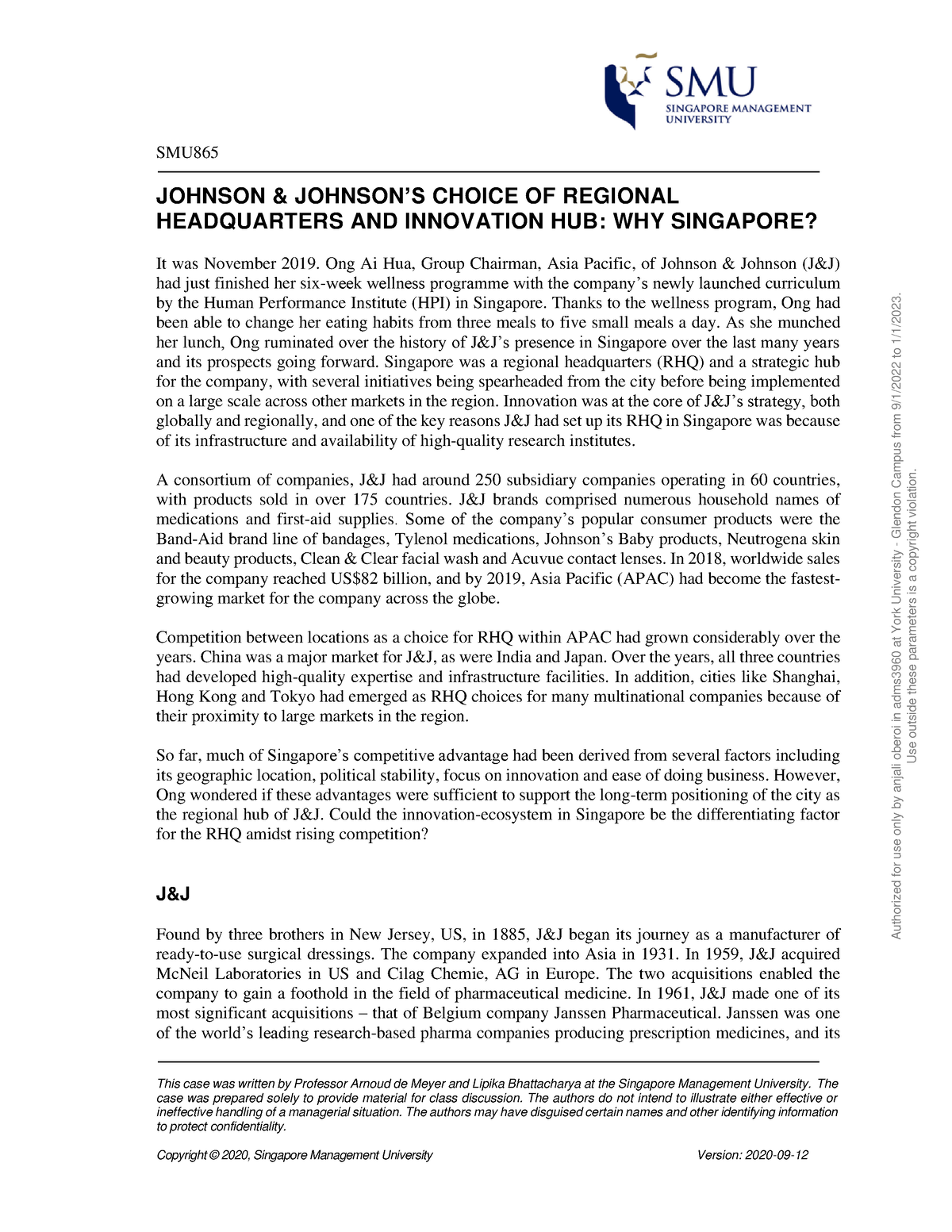 Johnson and Johnson Case SMU JOHNSON & JOHNSON’S CHOICE OF REGIONAL