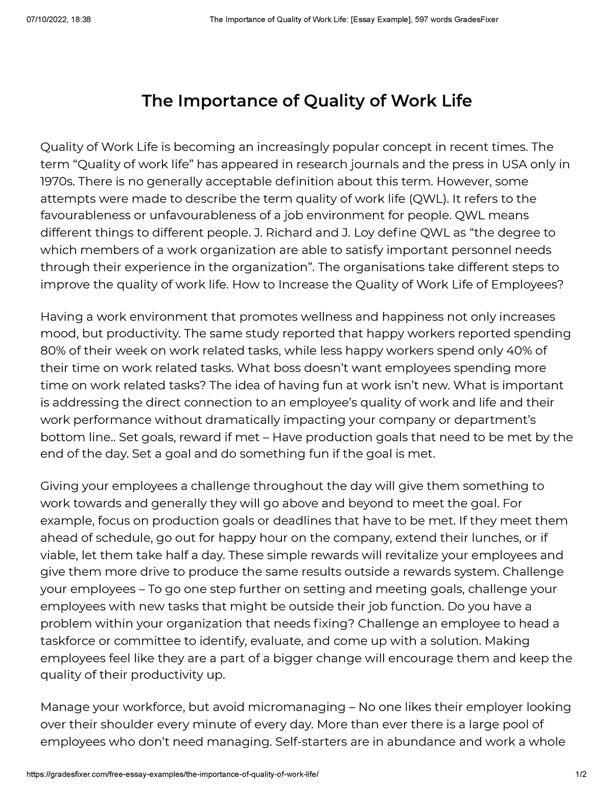 essay about quality of life