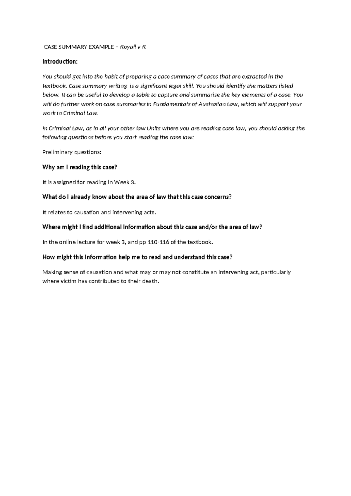 Case summary guide and template Criminal Law Royall v R - CASE SUMMARY ...