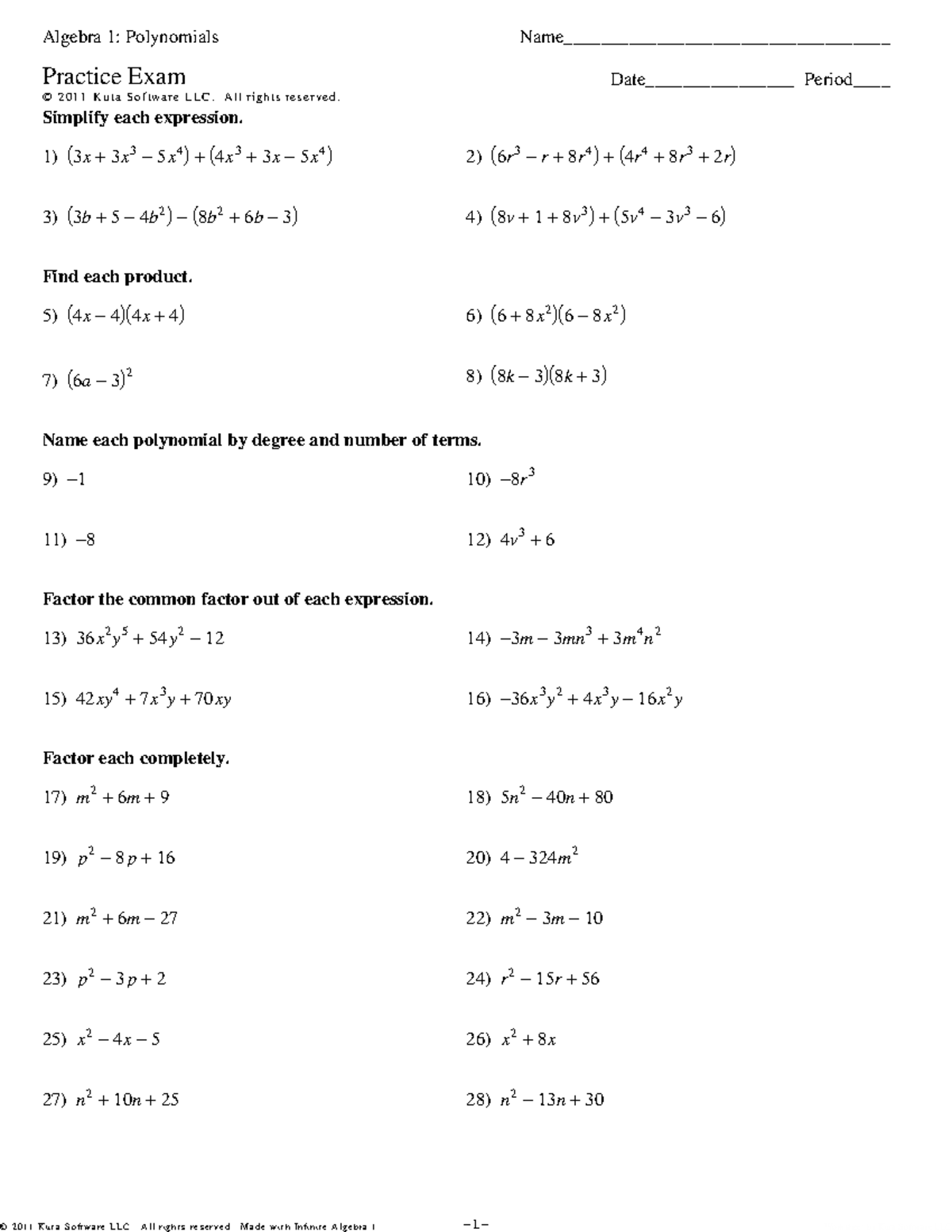 Algebra 1 Polynomials - Practice Exam - ©K z 2 q 0 p 1 T 1 E xKSuVtFaw ...