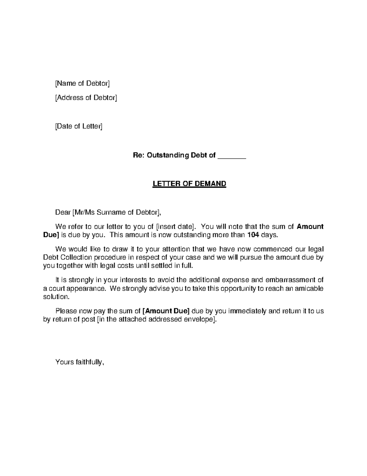 Letter of Demand - [Name of Debtor] [Address of Debtor] [Date of Letter ...