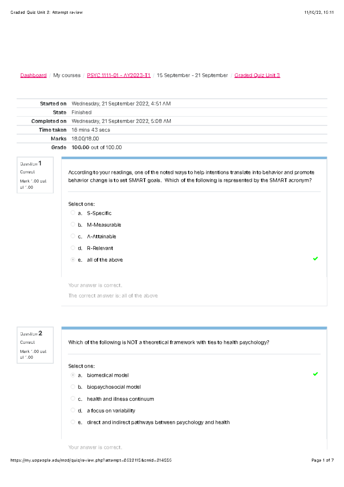 Graded Quiz Unit 3 Attempt Review PSYC 1111 - Question 1 Correct Mark 1 ...