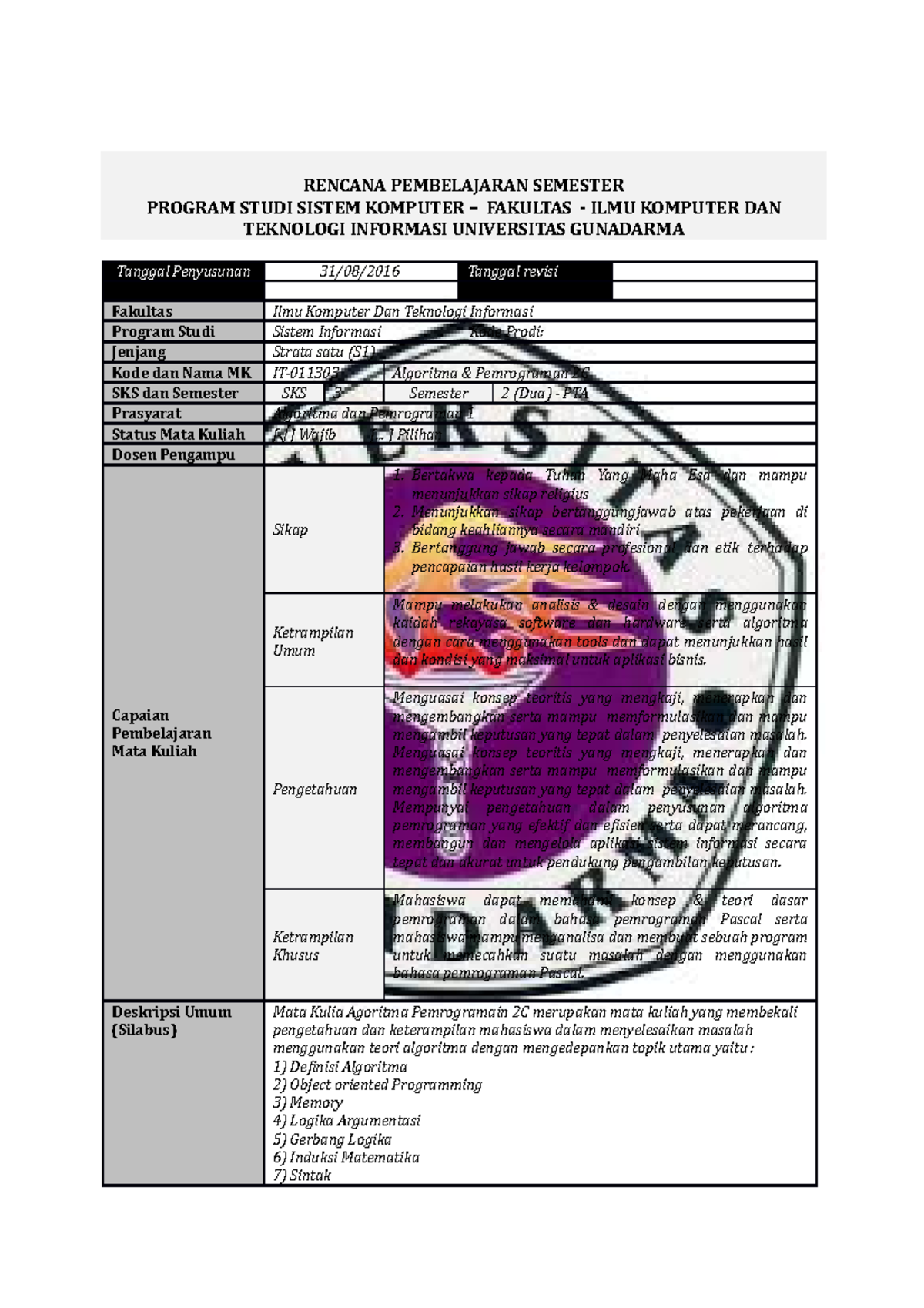 RPS AP2C - Algoritma dan Pemrograman 2C - RENCANA PEMBELAJARAN SEMESTER ...