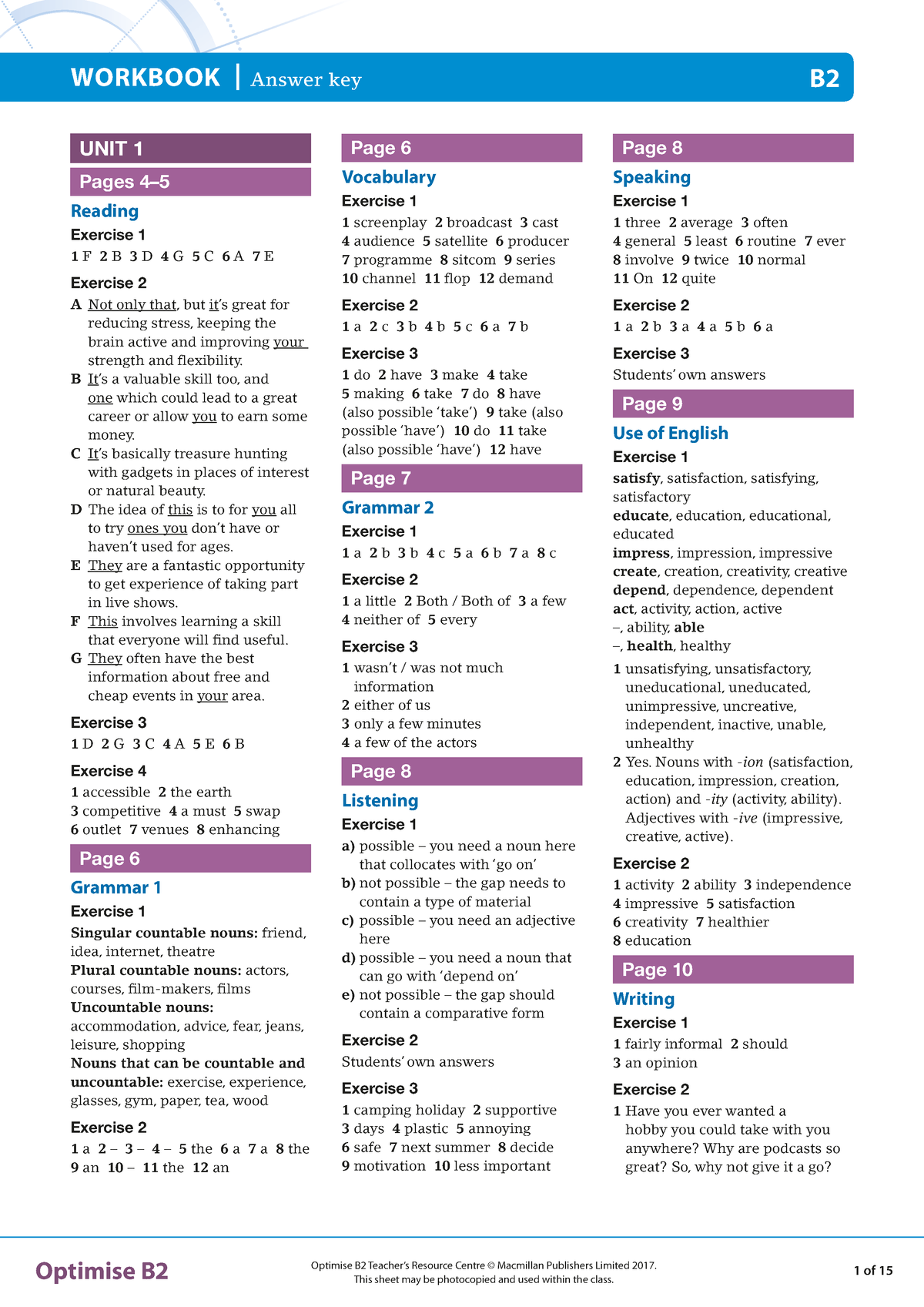 Optimise. Workbook - answers - Optimise B2 Teacher’s Resource Centre ...