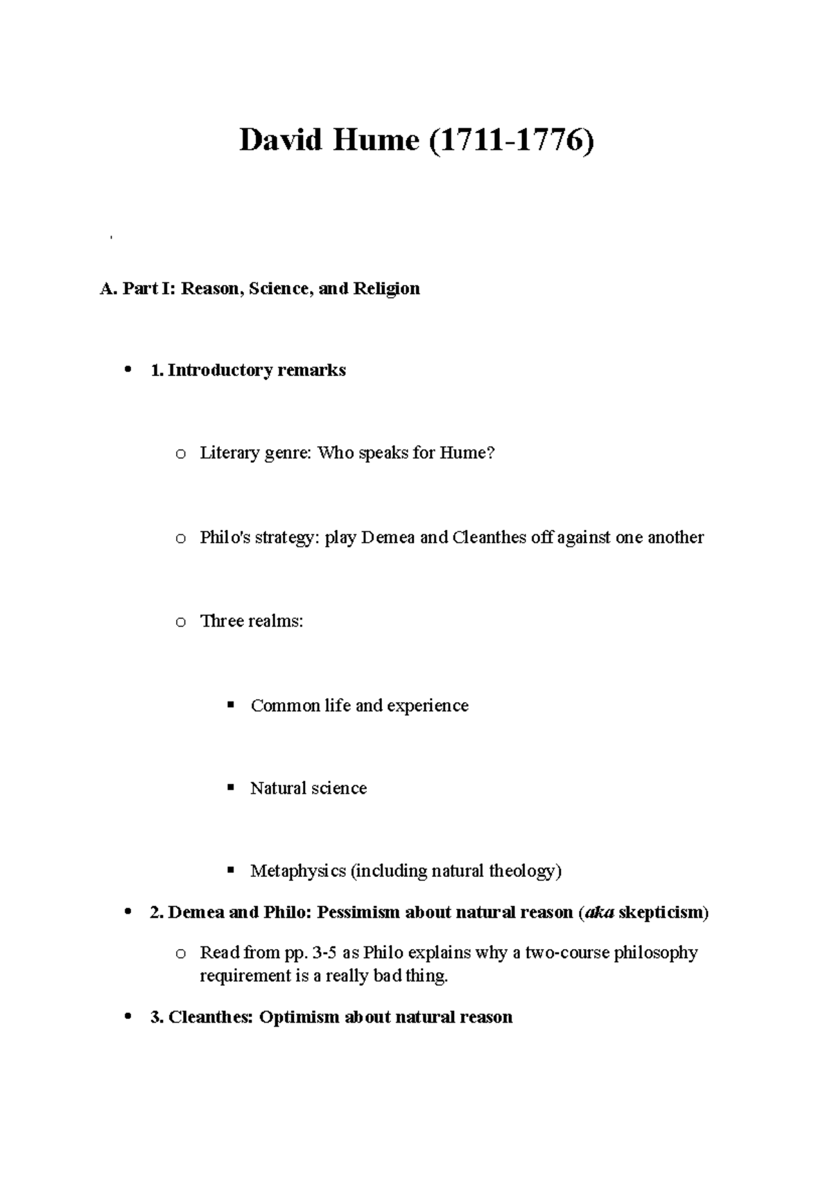 David Hume - Lecture notes 4 - David Hume (1711-1776) A. Part I: Reason ...