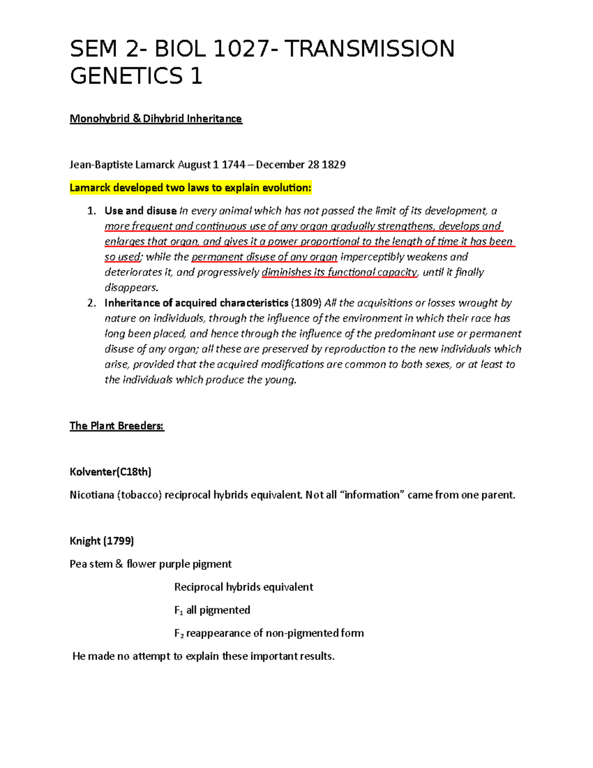 Sem 2 Transmission 1 notes 1 Monohybrid & Dihybrid