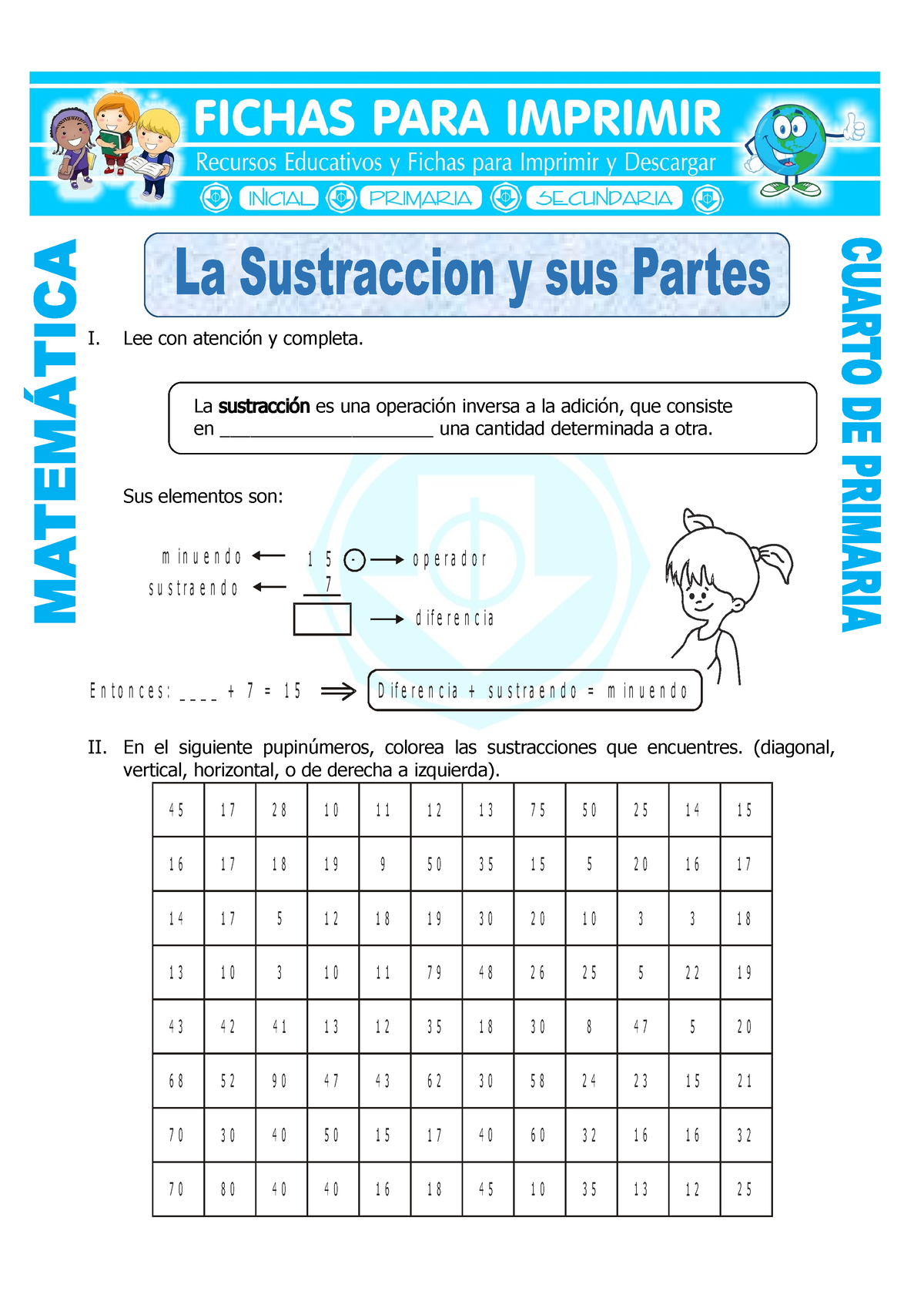 Ficha La Sustraccion Y Sus Partes Para Cuarto De Primaria - I. Lee Con ...