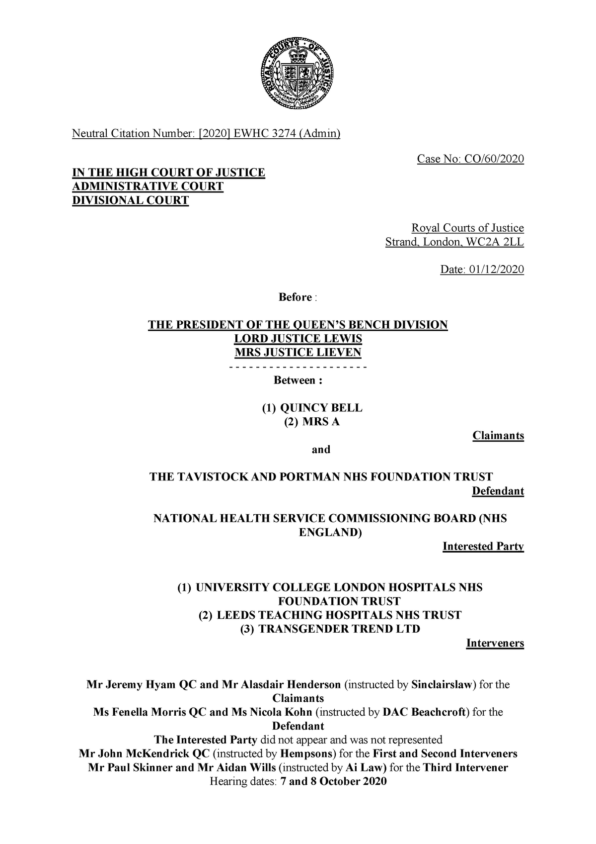 Bell v Tavistock Judgment new - Neutral Citation Number: [2020] EWHC ...