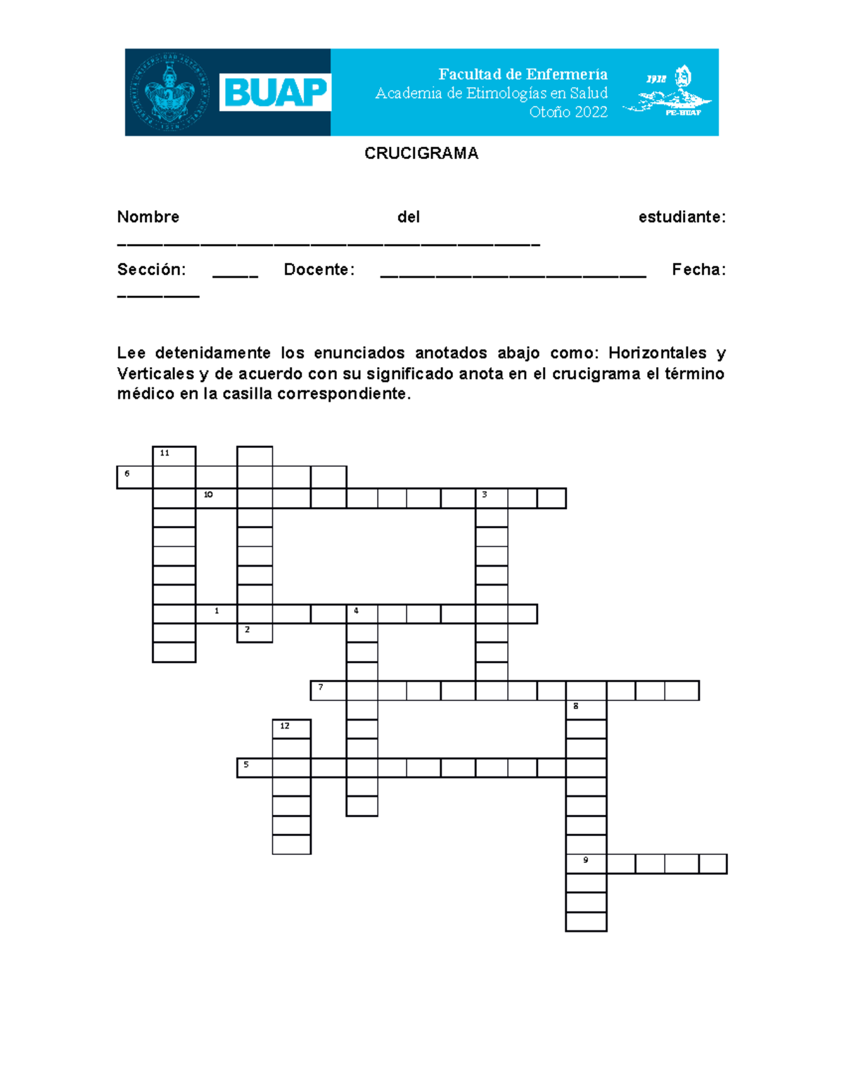 Crucigrama de Signos vitales. Maestra Lupita. 13 de octubre de 2022