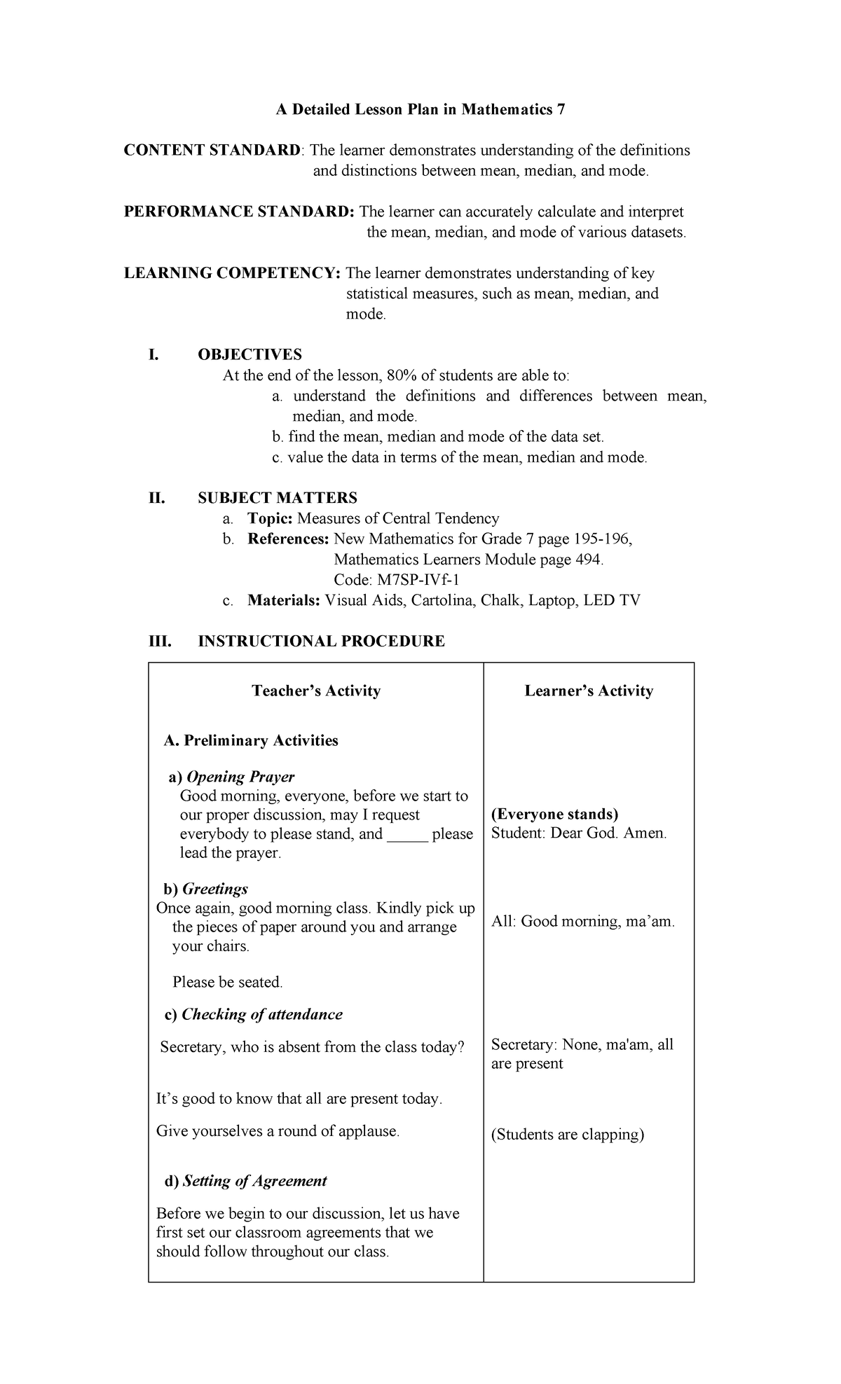 Final DEMO SA 7 - N/A - A Detailed Lesson Plan in Mathematics 7 CONTENT ...