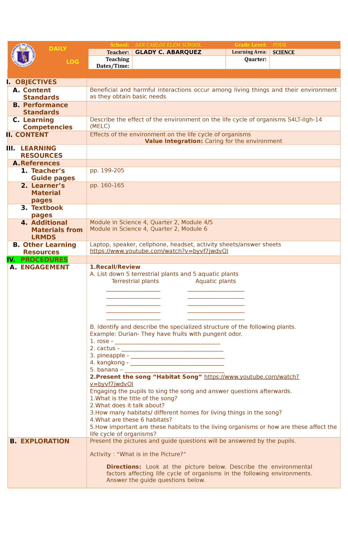 Version 1 Science 4 COT 1 - DAILY LESSON LOG School: SAN CARLOS ELEM ...