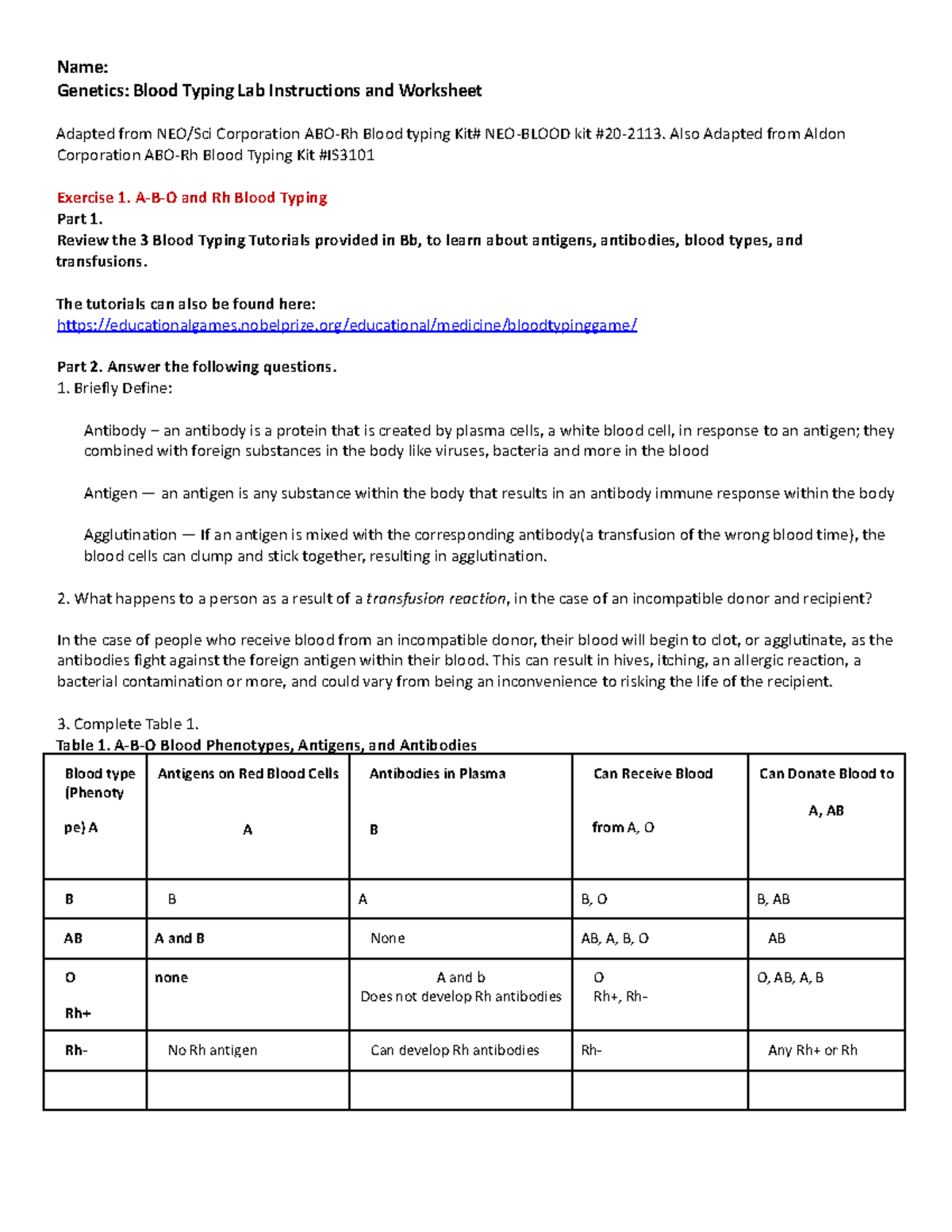 Blood Typing Lab Instructions Worksheet(1) Google Docs