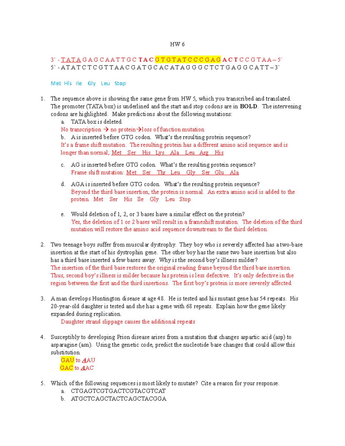 HomeWork 6 - key - HW 6 3 - T A T A G A G C A A T T G C T A C G T G T A ...