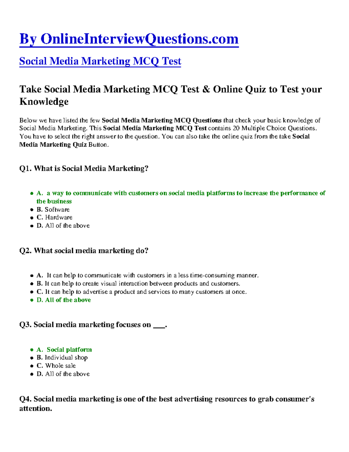 Social Media Marketing Mcq By OnlineInterviewQuestions Social Media 