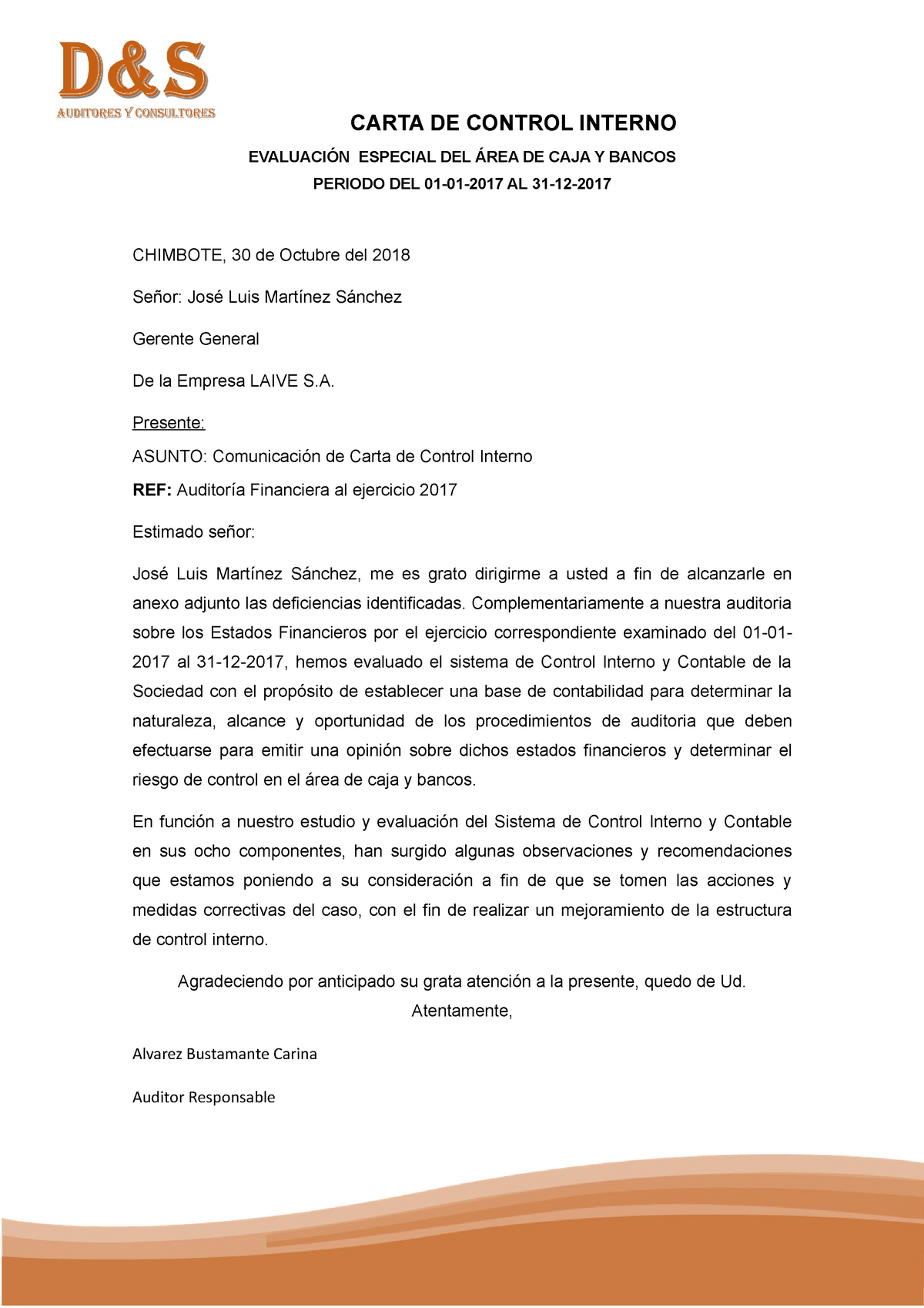 Carta de Control Interno Agroindustrial Laredo SAA  Auditoría  StuDocu