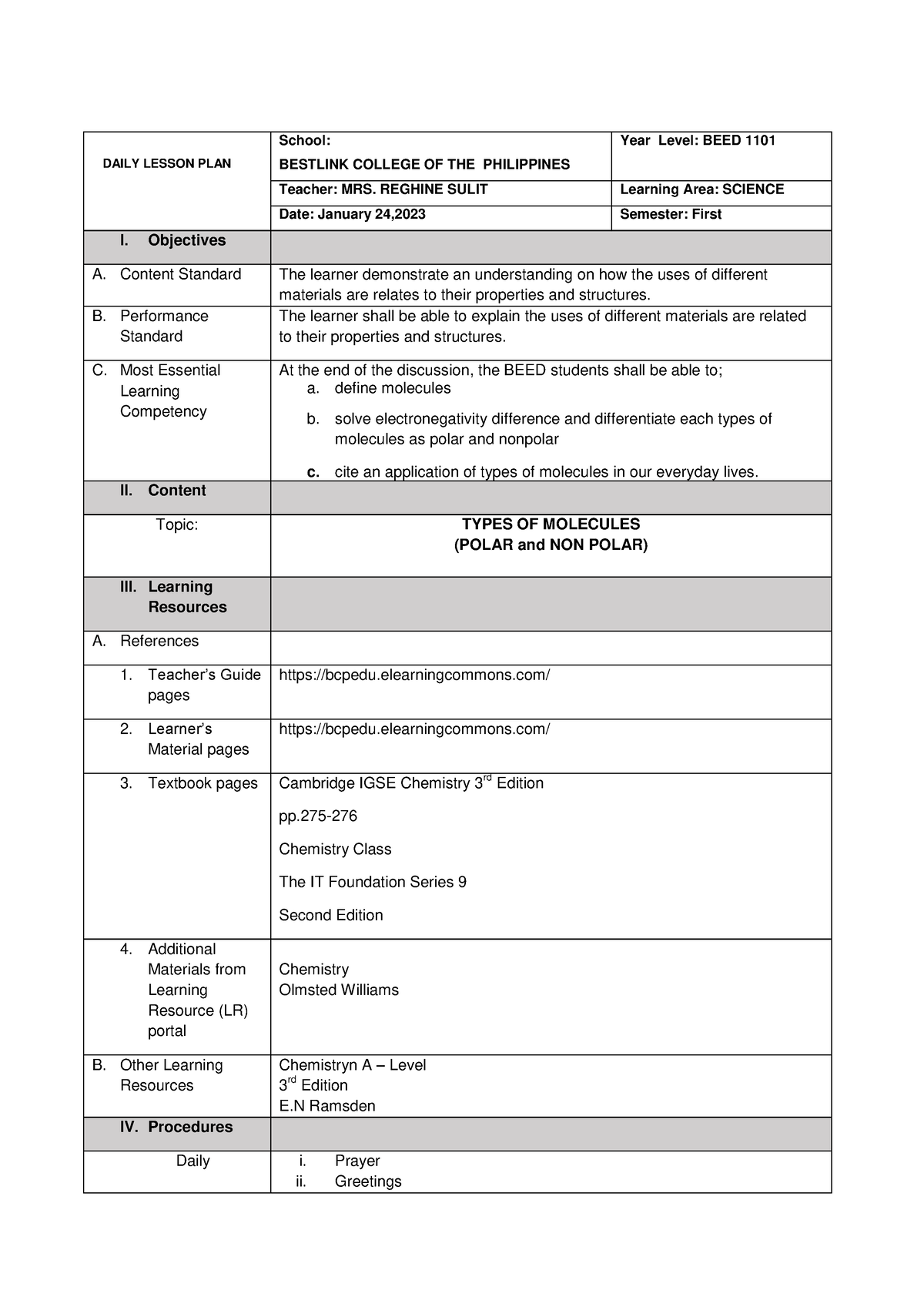 Molecules-lp-dor-demo january-24-252023-10 - DAILY LESSON PLAN School ...