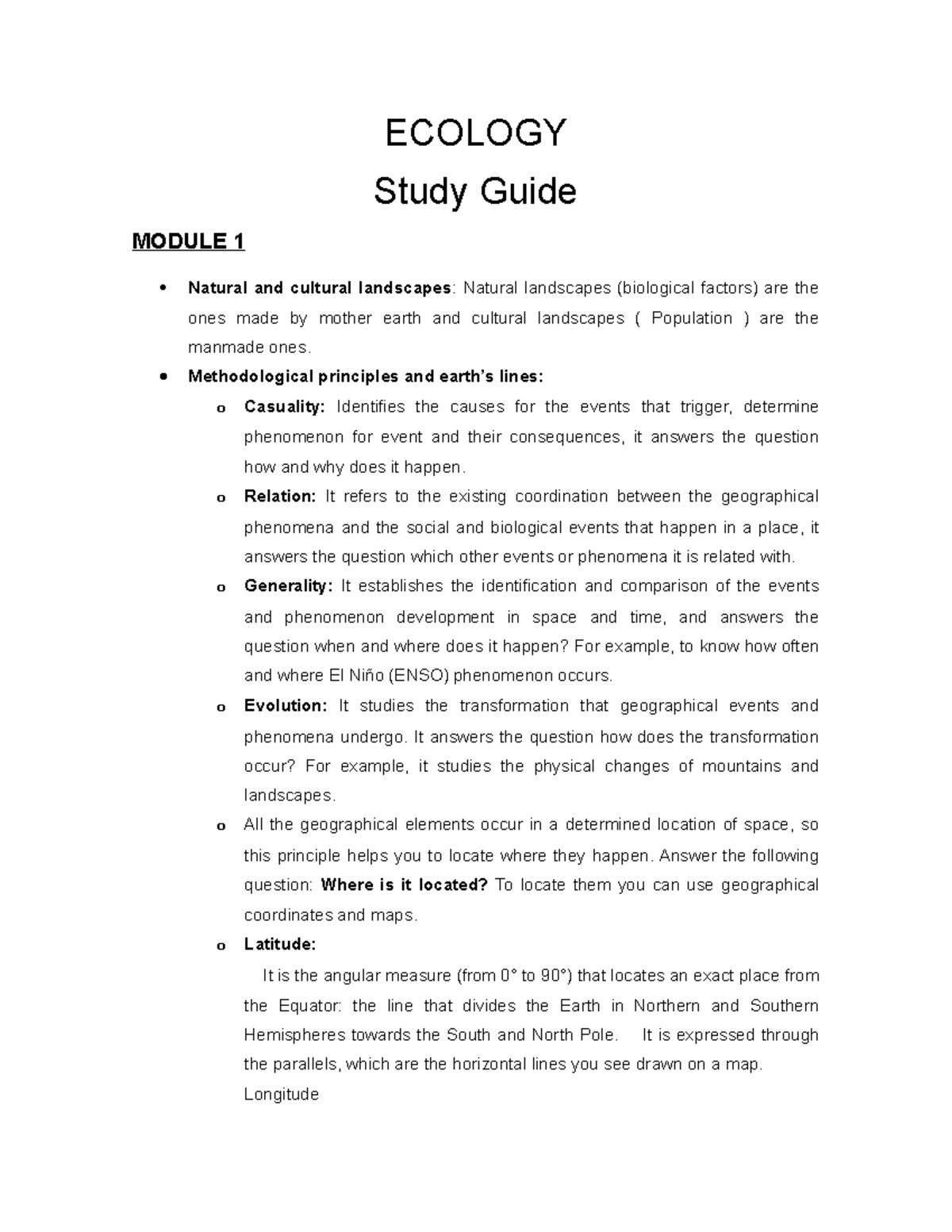 Study Guide Ecology - OOOOO - ECOLOGY Study Guide MODULE 1 Natural and ...