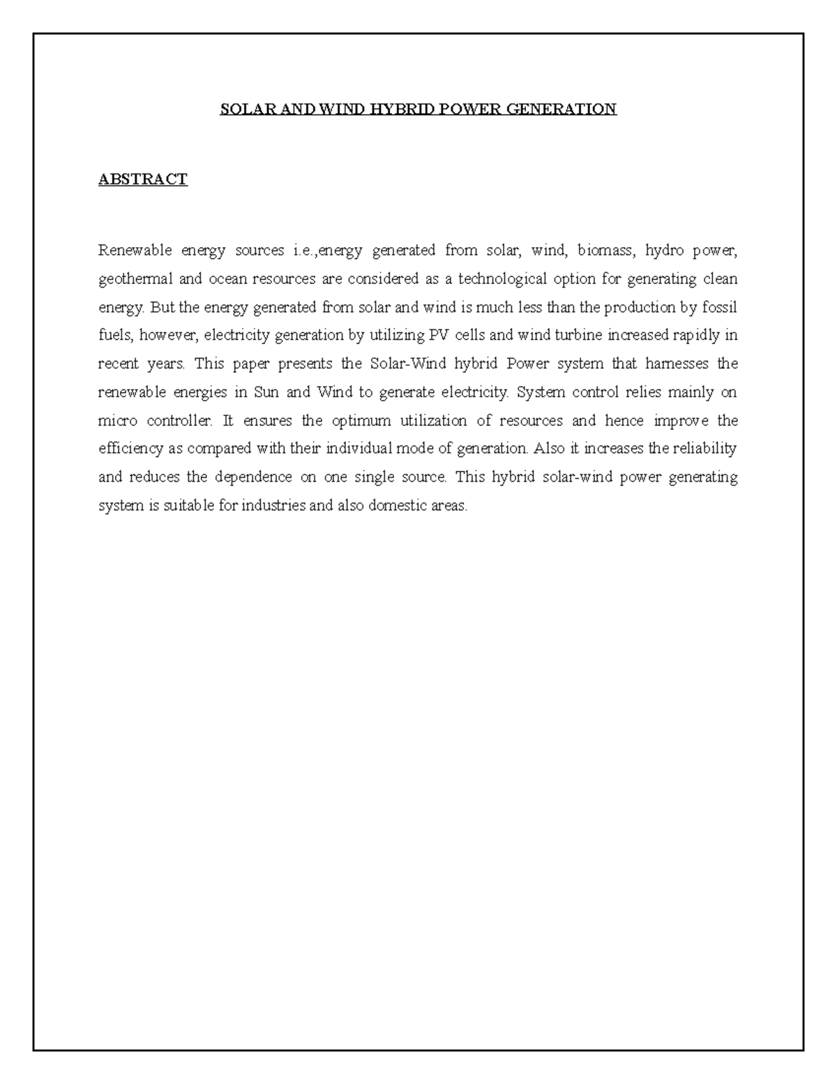 Solar and wind hybrid power generation SOLAR AND WIND HYBRID POWER