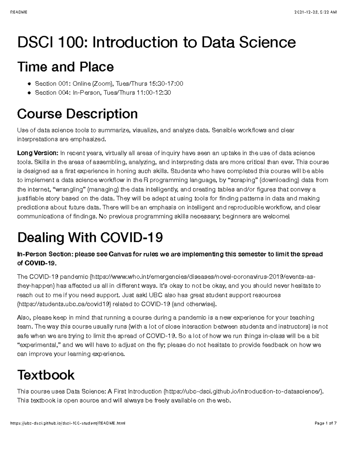 DSCI 100(Data Science) Syllabus 2021W - UBC - DSCI 100 - UBC - Studocu