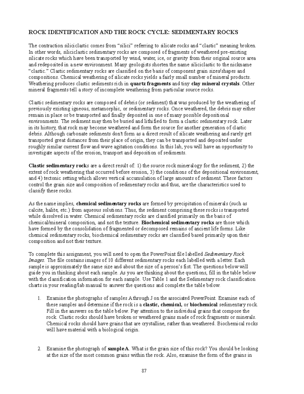 Sedimentary rock lab ROCK IDENTIFICATION AND THE ROCK CYCLE