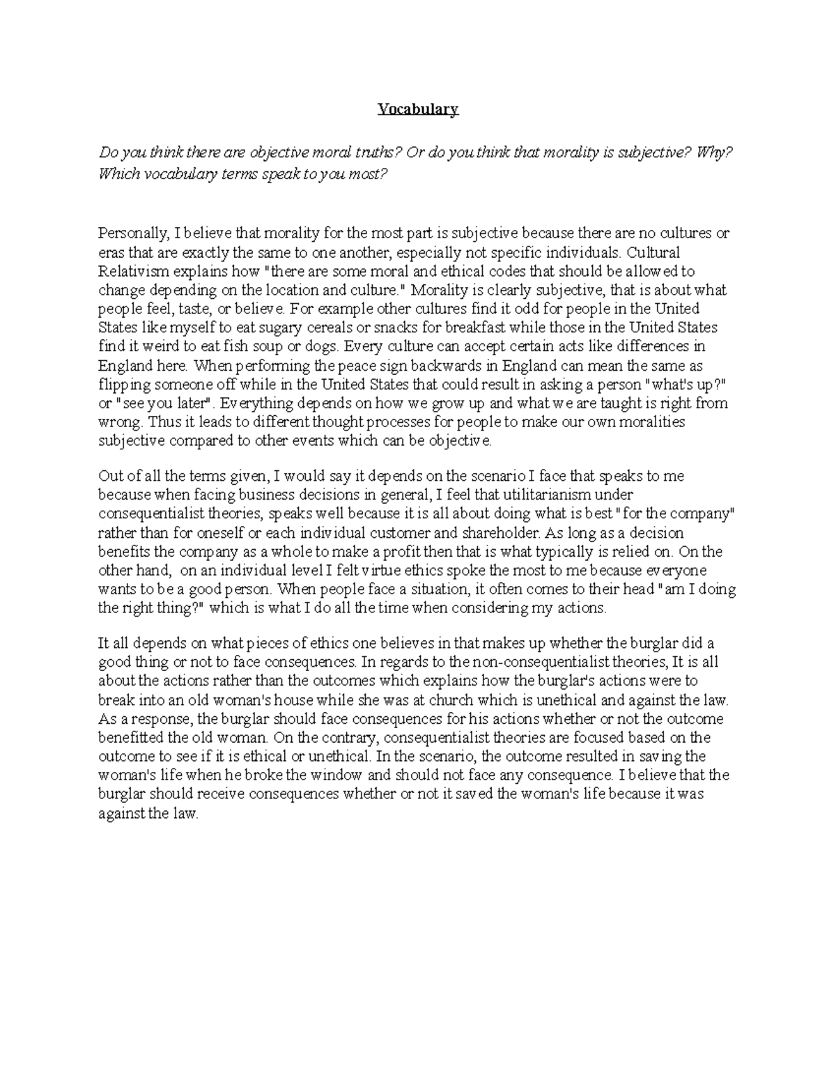 Vocabulary Vocabulary Do you think there are objective moral truths