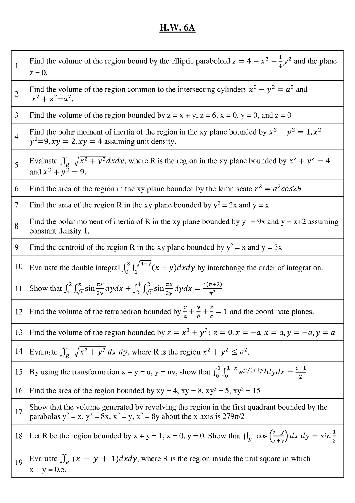 6A - It is a good note - H. 6A 1 Find the volume of the region bound by ...